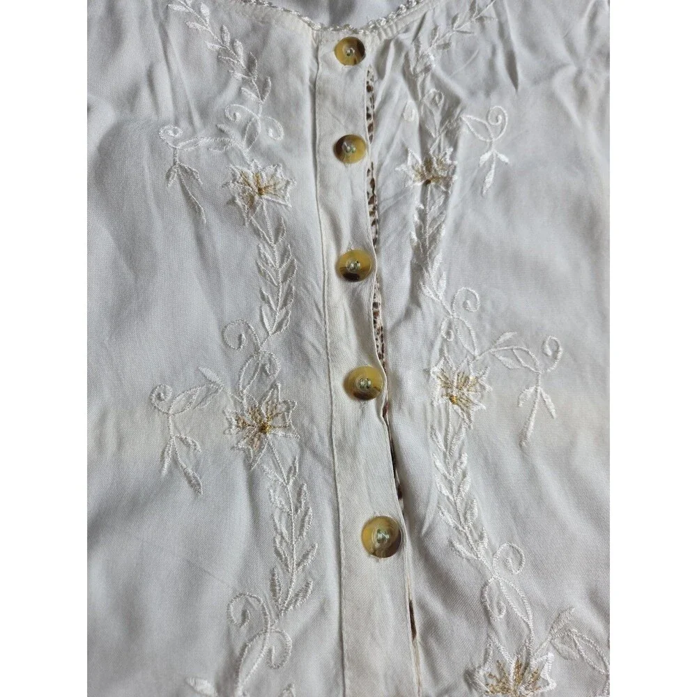 Raya Sun Swing Tank Dress L Cream Embroidery Lace Ruffles Lightweight Buttons - Picture 4 of 11